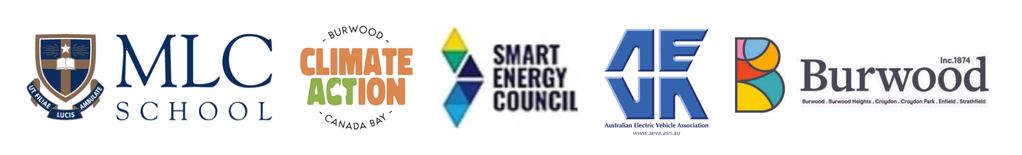 Logos of MLC School, Climate Action Burwood-Canada Bay, Smart Energy Council, Australian Electric Vehicle Association, Burwood Council