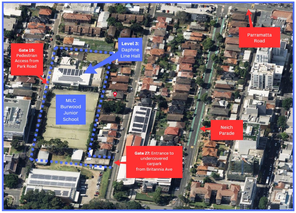 Satellite map of the ground and environs of MLC Junior School, Burwood