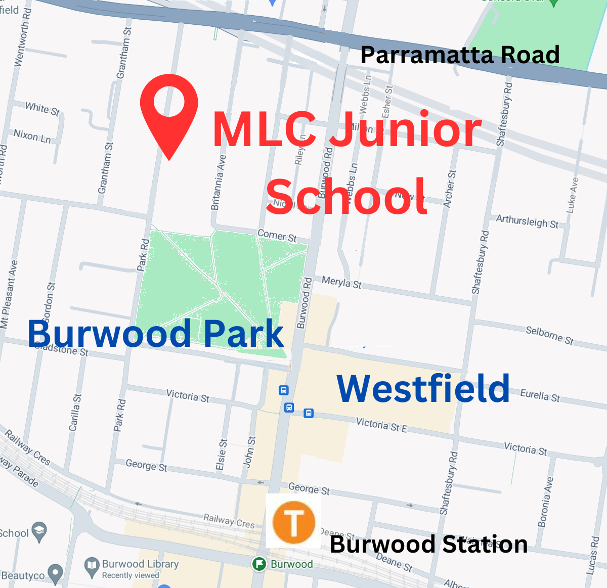 Map of Burwood NSW showing the location of MLC Junior School