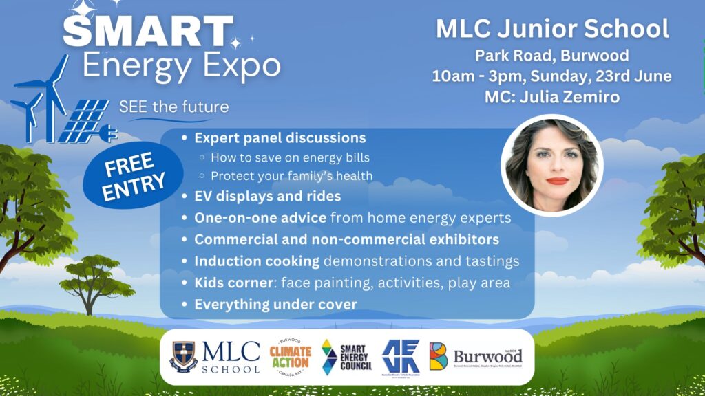 Smart Energy Expo flyer. Burwood June 23 2024 10am-3pm. MLC Junior School. MC: Julia Zemiro.